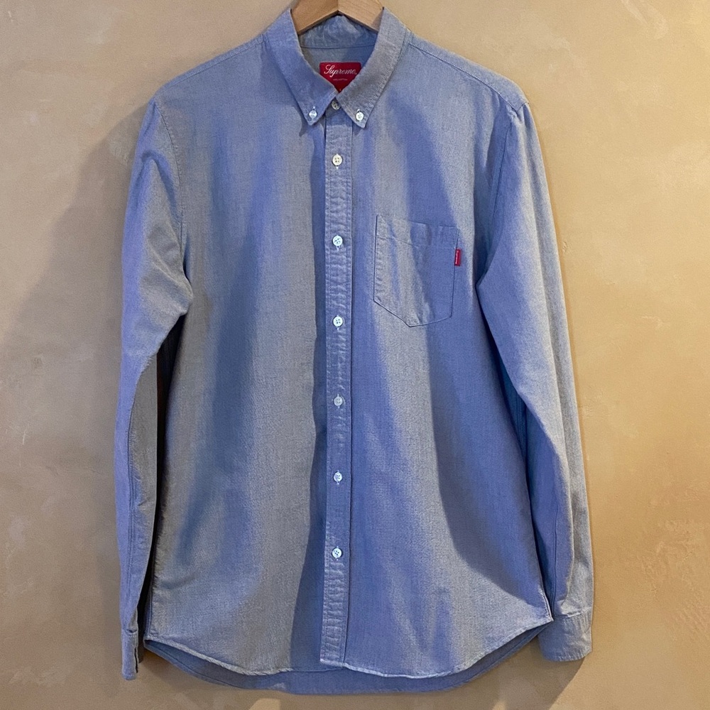 Supreme Light Blue Denim Button-Down Shirt — Red Logo — Men’s Large
